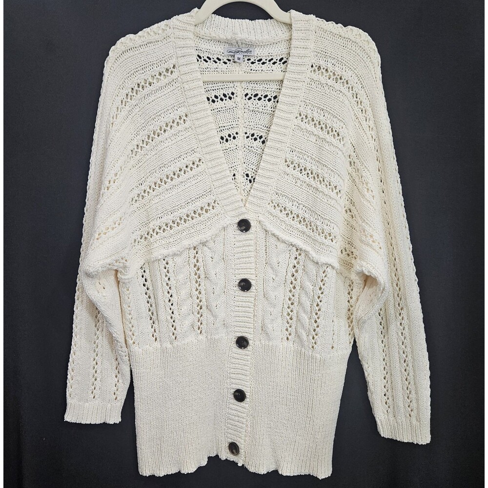Magnolia Boutique Cream Open Cable Knit Button Front V-Neck Cardigan Sweater M